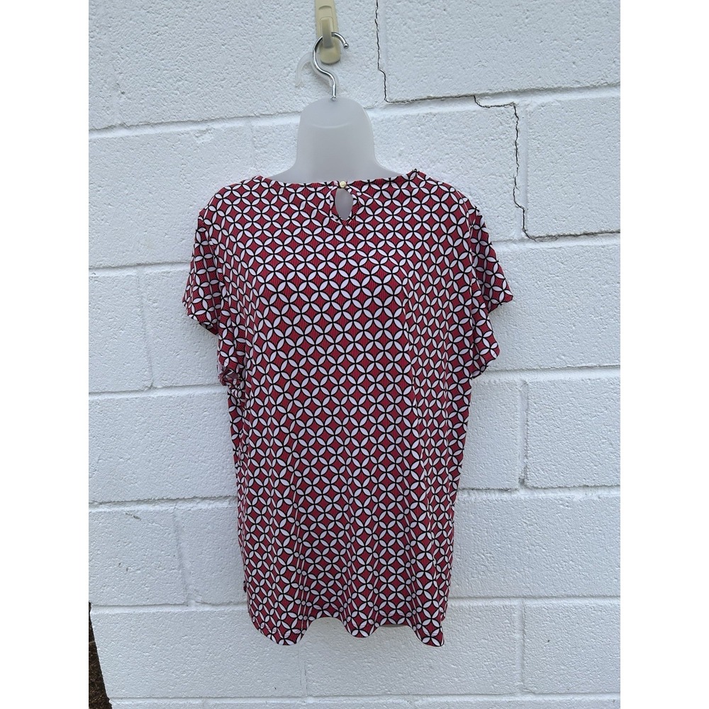 Liz Claiborne Black White Geometric S/S Blouse Top Round Neck Gold Buttons XXL